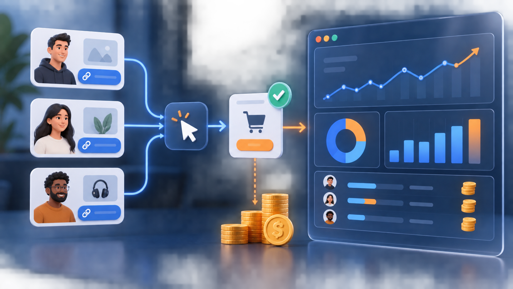 Affiliate attribution flow from partner link to click conversion and commission dashboard