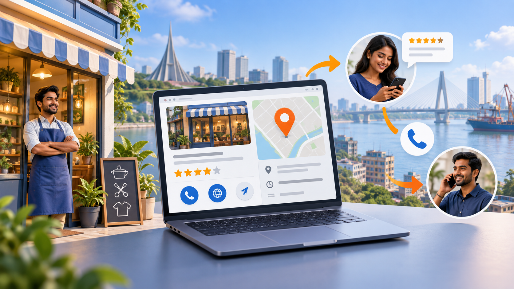 A Bangladesh service business appearing in local search with map, reviews and customer contact actions