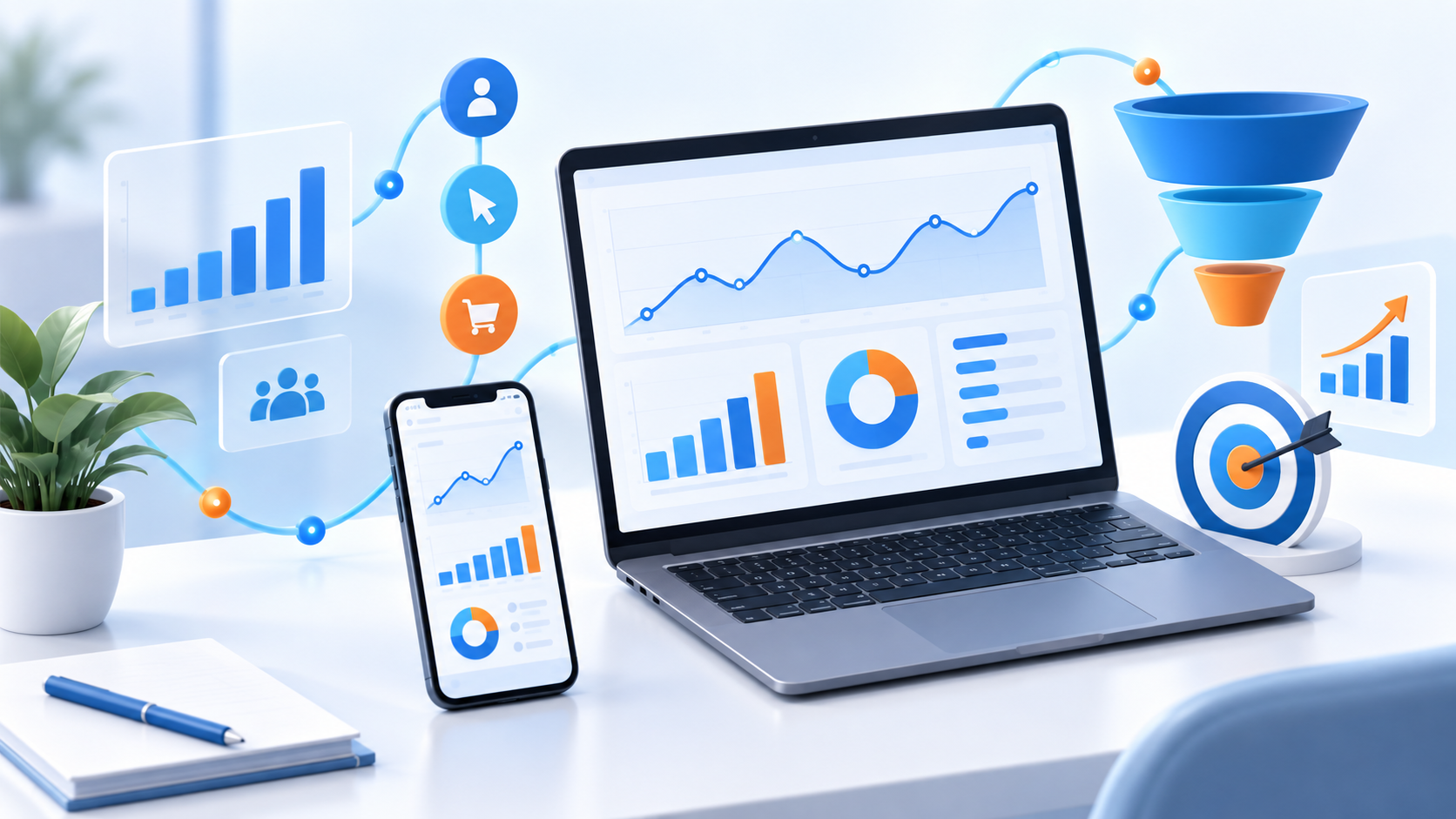 Google Analytics 4 small business measurement dashboard on laptop and mobile